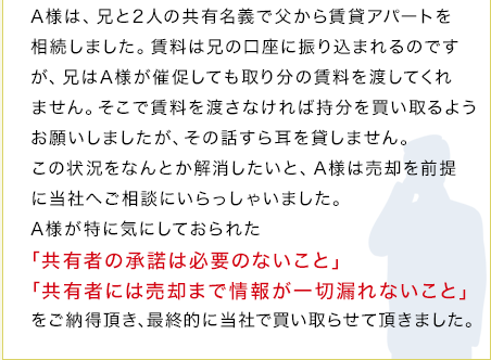 A様は、兄と2人の共有名義で父から賃貸アパートを相続しました。賃料は兄の口座に振り込まれるのですが、兄はA様が催促しても取り分の賃料を渡してくれません。そこで賃料を渡さなければ持分を買い取るようお願いしましたが、その話すら耳を貸しません。この状況をなんとか解消したいと、A様は売却を前提に当社へご相談にいらっしゃいました。A様が特に気にしておられた「共有者の承諾は必要のないこと」「共有者には売却まで情報が一切漏れないこと」をご納得頂き、最終的に当社で買い取らせて頂きました。