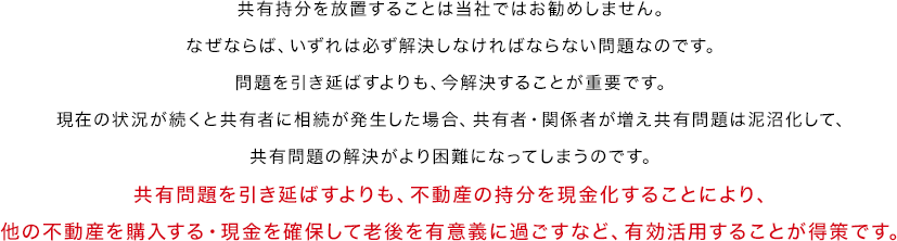 共有持分を放置することは当社ではお勧めしません。なぜならば、いずれは必ず解決しなければならない問題なのです。問題を引き延ばすよりも、今解決することが重要です。現在の状況が続くと共有者に相続が発生した場合、共有者・関係者が増え共有問題は泥沼化して、共有問題の解決がより困難になってしまうのです。共有問題を引き延ばすよりも、不動産の持分を現金化することにより、他の不動産を購入する・現金を確保して老後を有意義に過ごすなど、有効活用することが得策です。